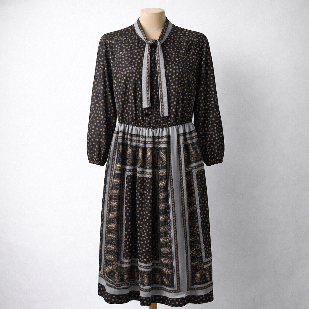 Vintage 70s Floral Belted‎ Midi Dress Size 16 Petite Black Grunge Modest Granola